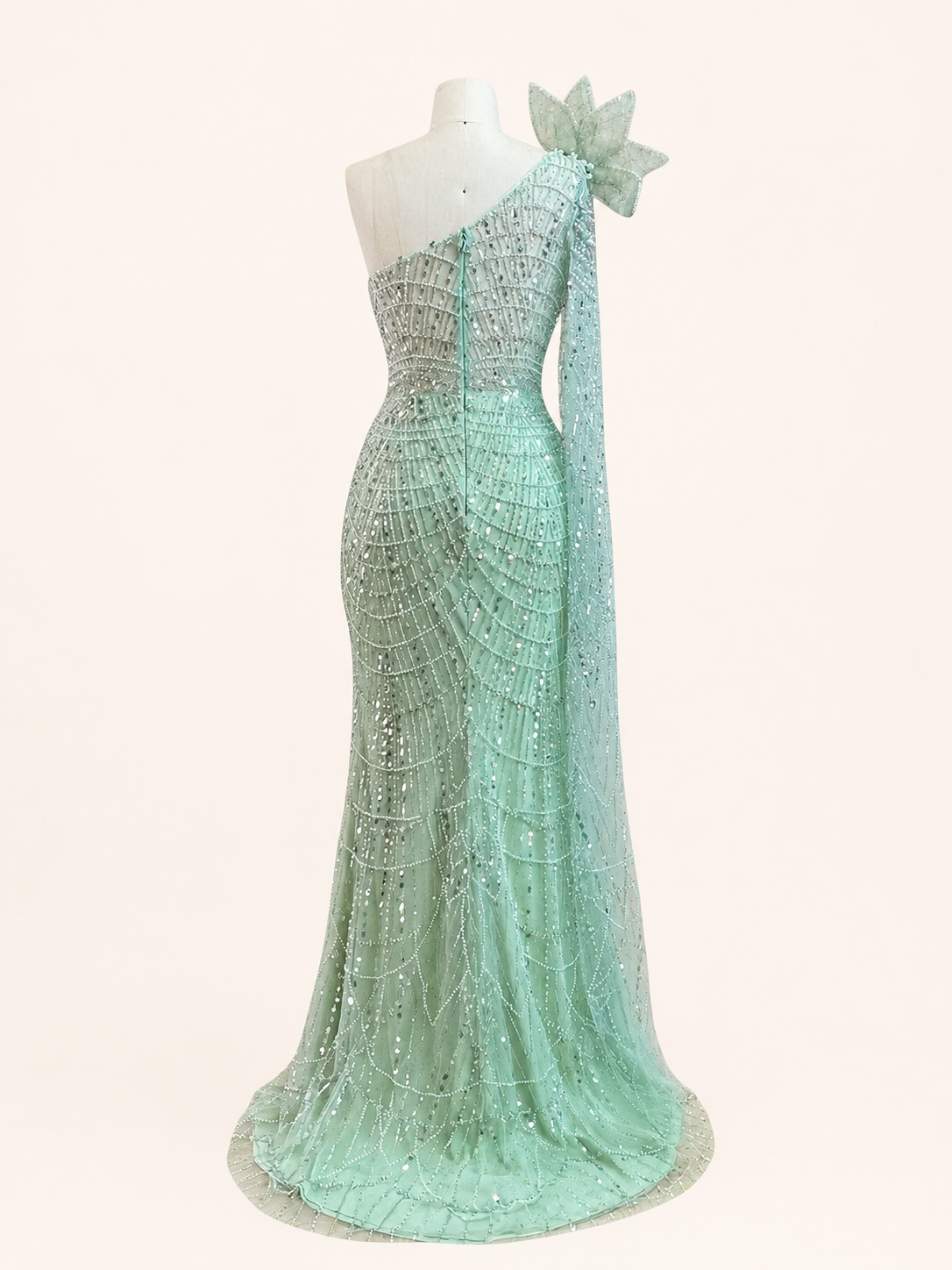 Sage Green One-Shoulder Beaded Evening Gown with Floral Cape Sleeve SL185