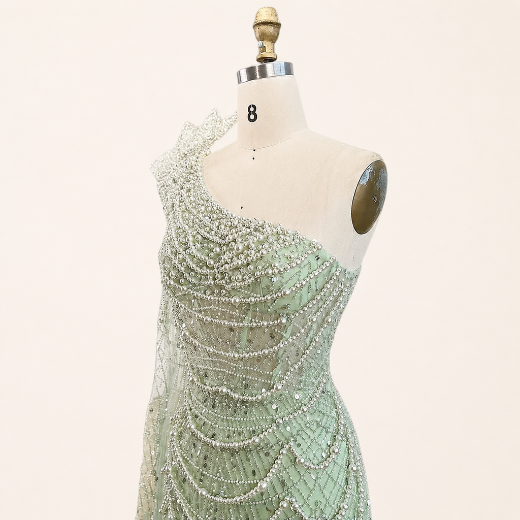 Sage Green One-Shoulder Beaded Evening Gown with Floral Cape Sleeve SL185