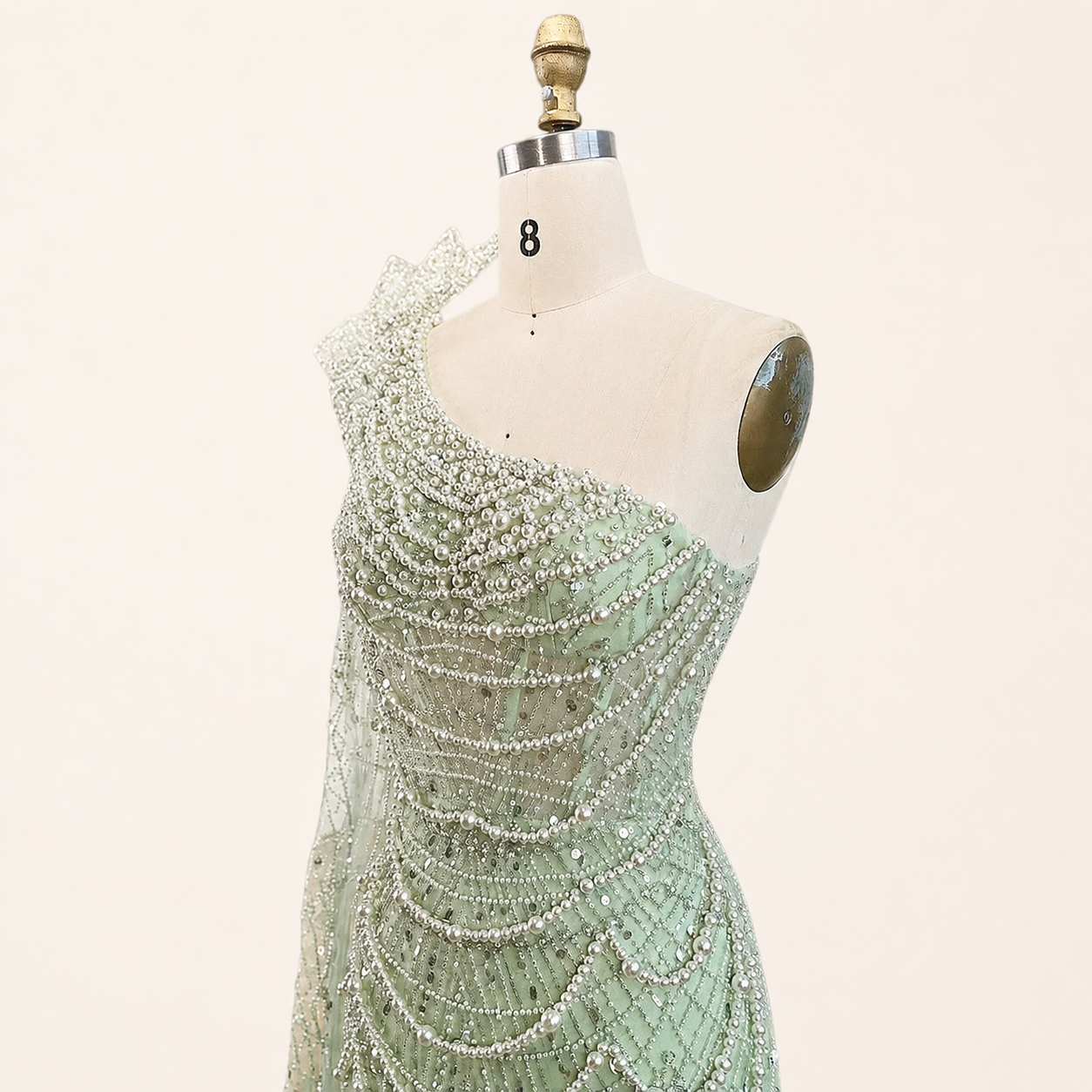 Sage Green One-Shoulder Beaded Evening Gown with Floral Cape Sleeve SL185