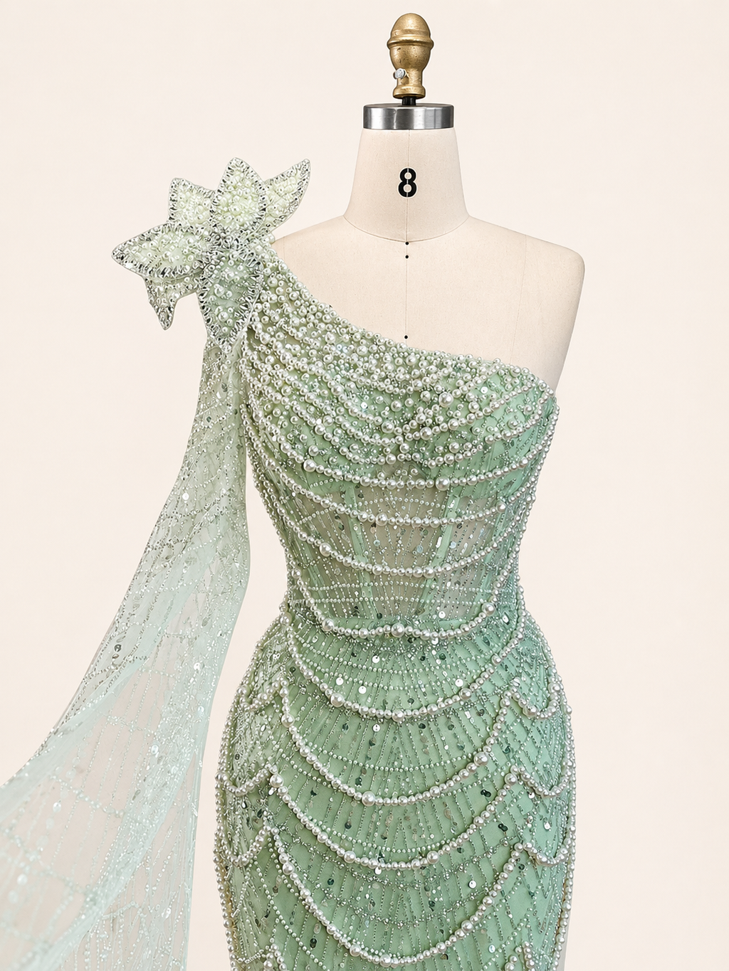 Sage Green One-Shoulder Beaded Evening Gown with Floral Cape Sleeve SL185
