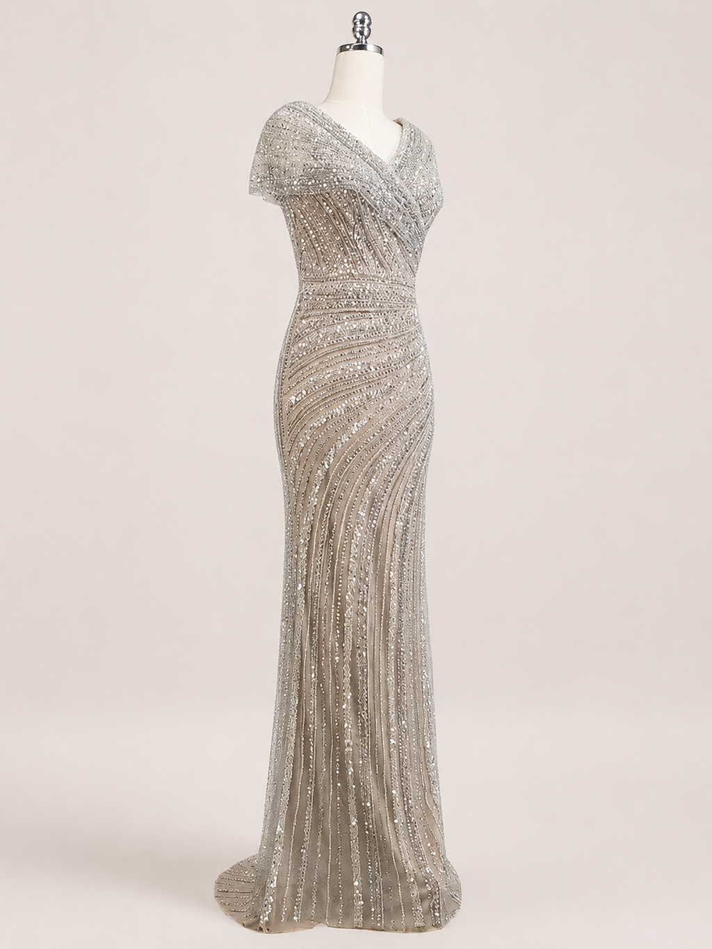 Champagne Gold Beaded V-Neck Evening Gown with Draped Bodice SL186