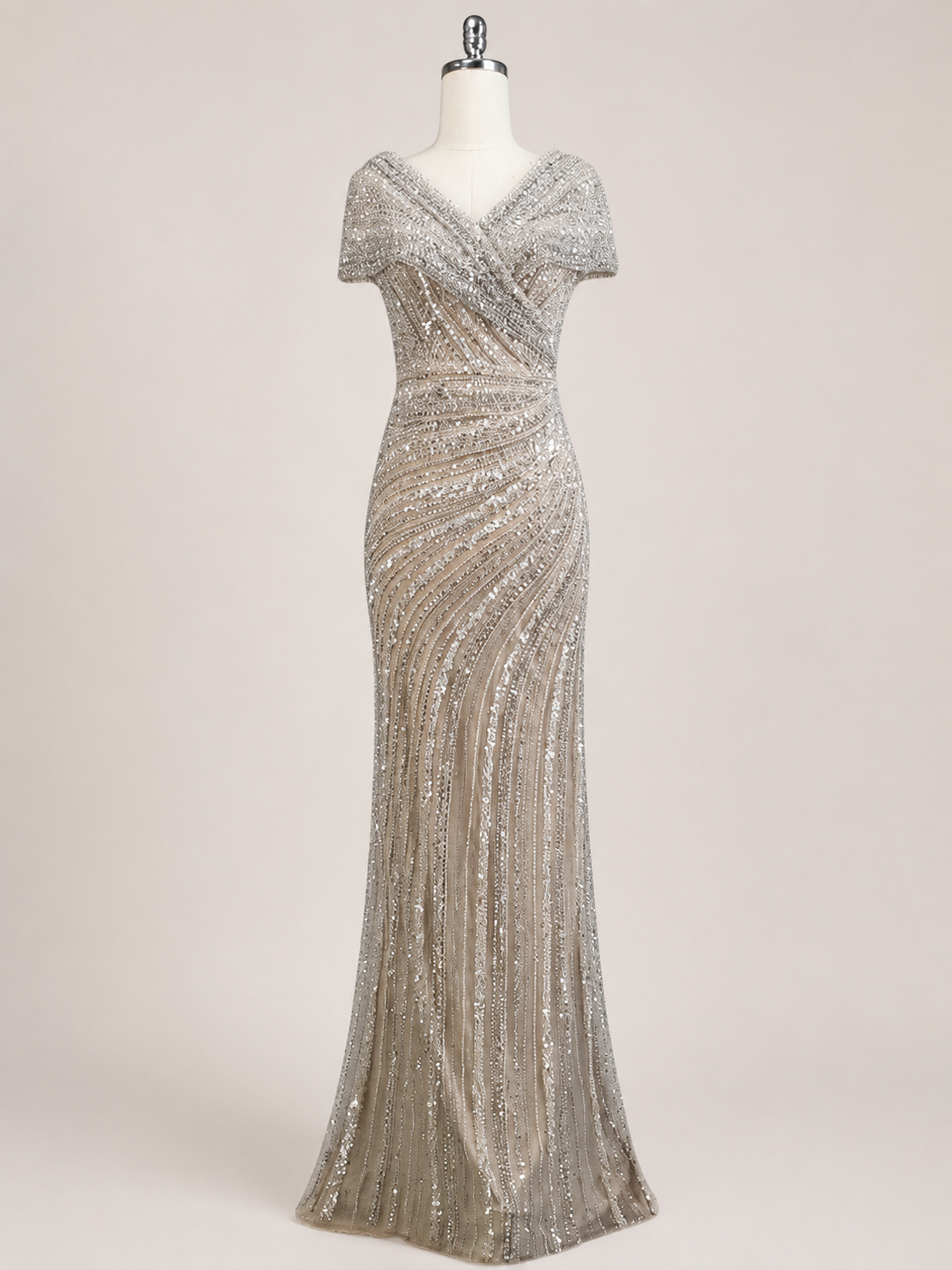 Champagne Gold Beaded V-Neck Evening Gown with Draped Bodice SL186