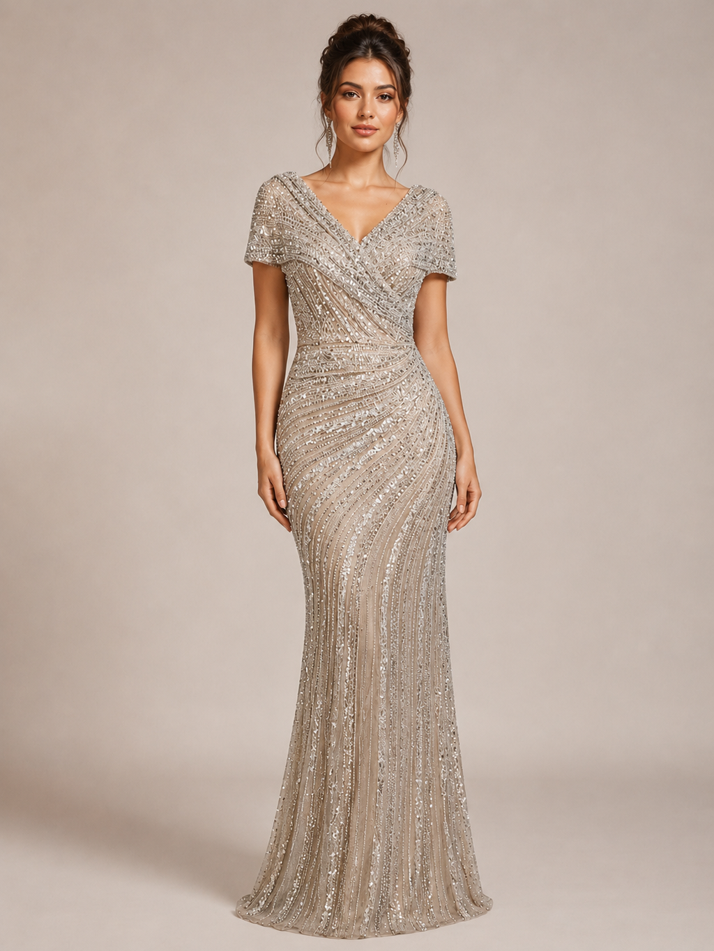 Champagne Gold Beaded V-Neck Evening Gown with Draped Bodice SL186