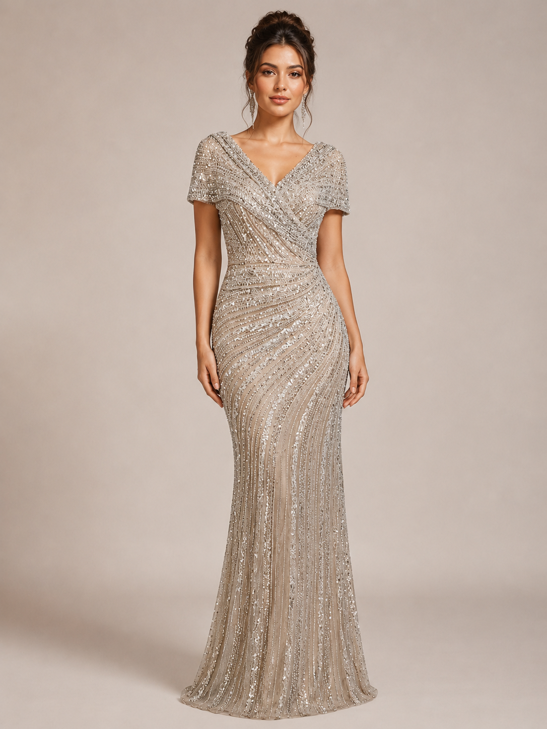 Champagne Gold Beaded V-Neck Evening Gown with Draped Bodice SL186