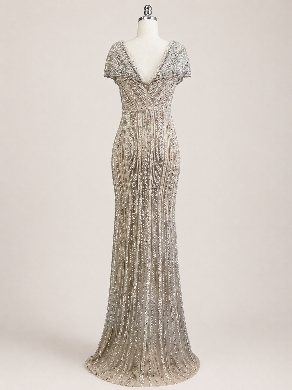 Champagne Gold Beaded V-Neck Evening Gown with Draped Bodice SL186