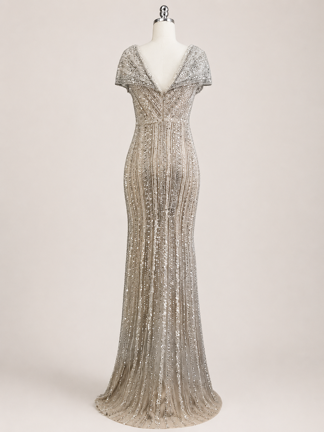 Champagne Gold Beaded V-Neck Evening Gown with Draped Bodice SL186