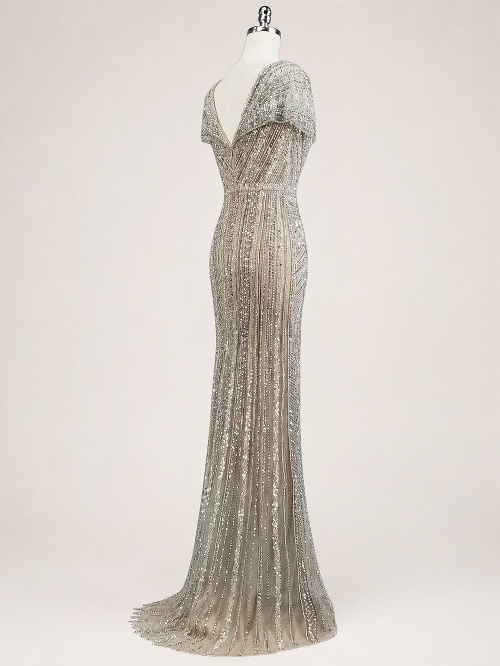 Champagne Gold Beaded V-Neck Evening Gown with Draped Bodice SL186