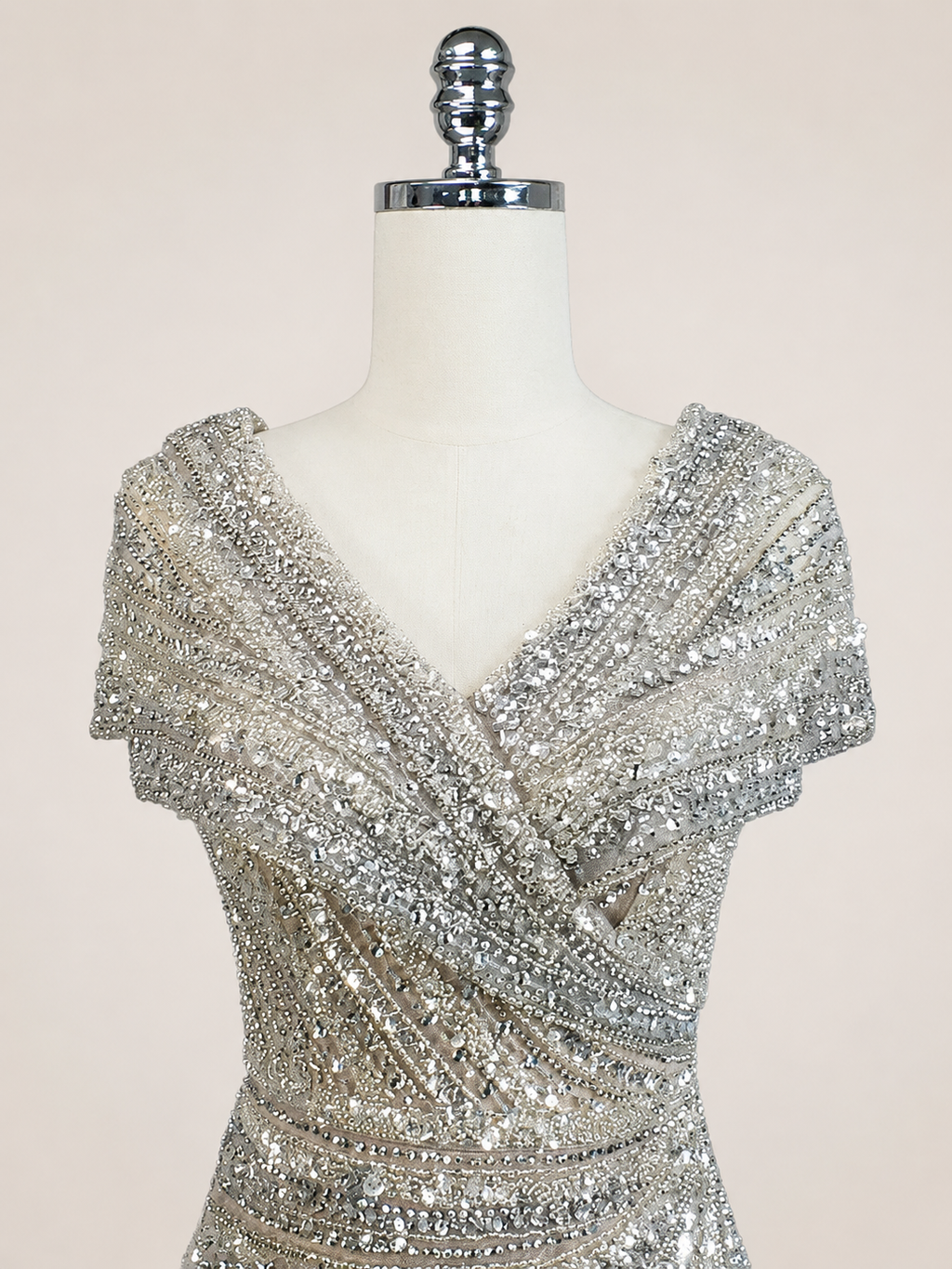 Champagne Gold Beaded V-Neck Evening Gown with Draped Bodice SL186
