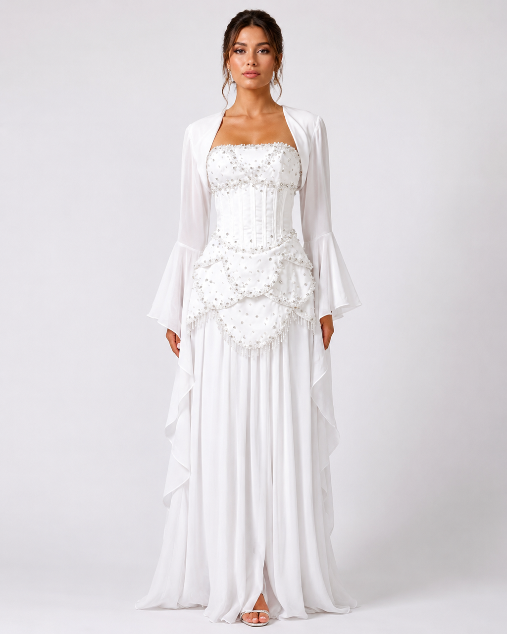 Blue Strapless Beaded Corset Gown with Sheer Cape Sleeves SL188