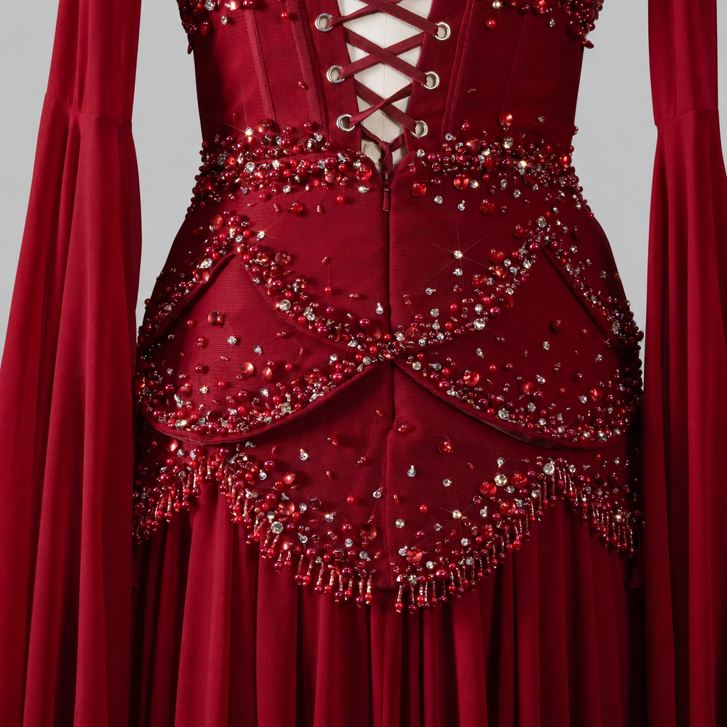 Blue Strapless Beaded Corset Gown with Sheer Cape Sleeves SL188