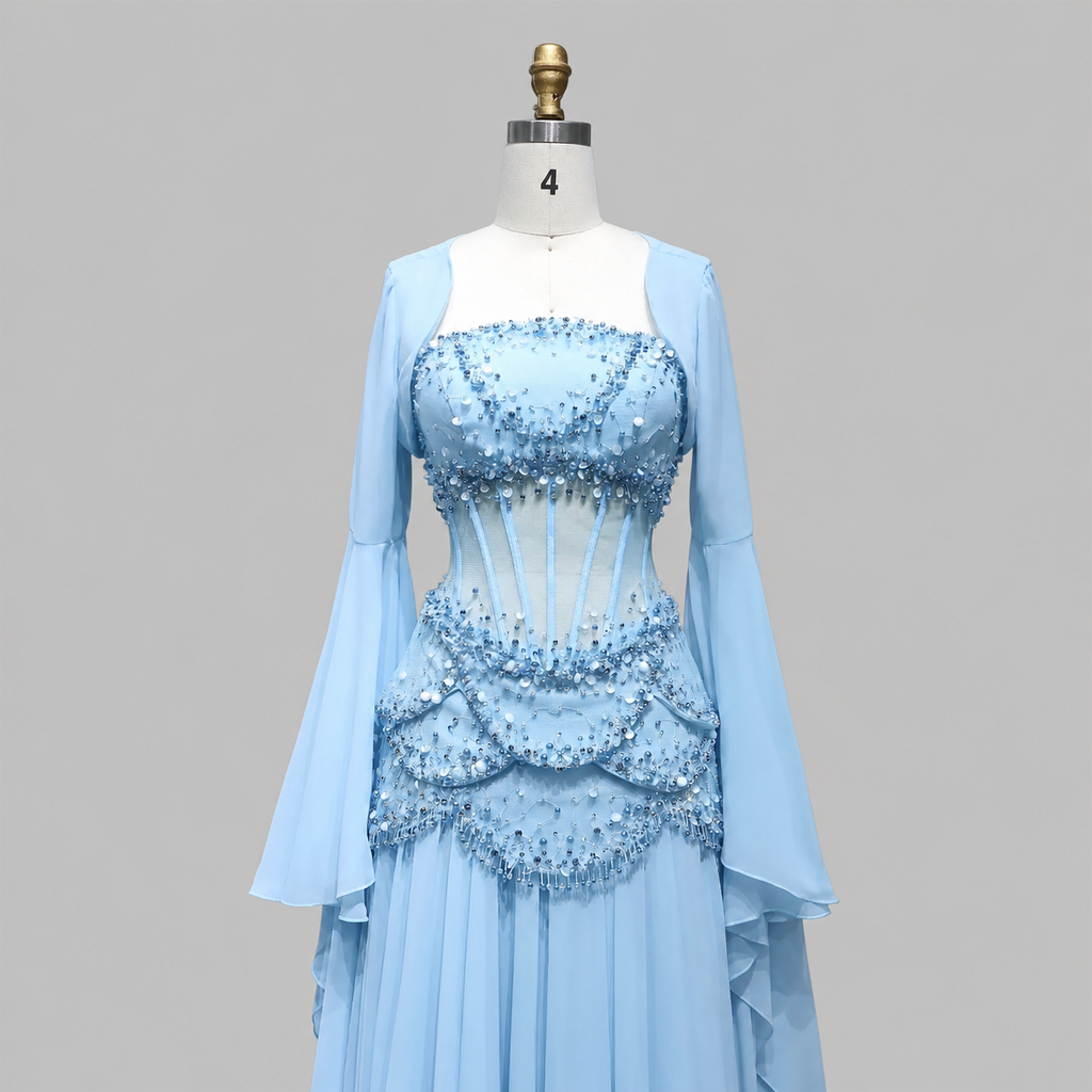 Blue Strapless Beaded Corset Gown with Sheer Cape Sleeves SL188