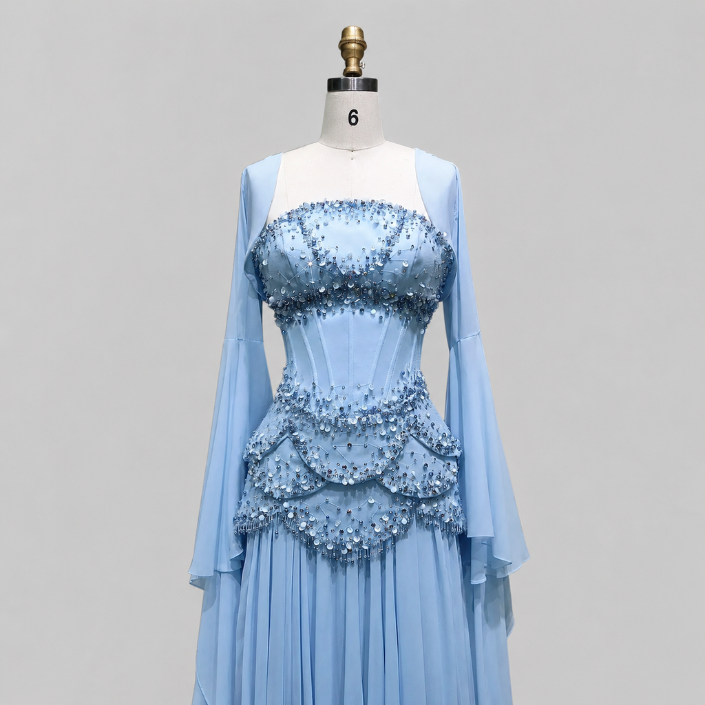Blue Strapless Beaded Corset Gown with Sheer Cape Sleeves SL188