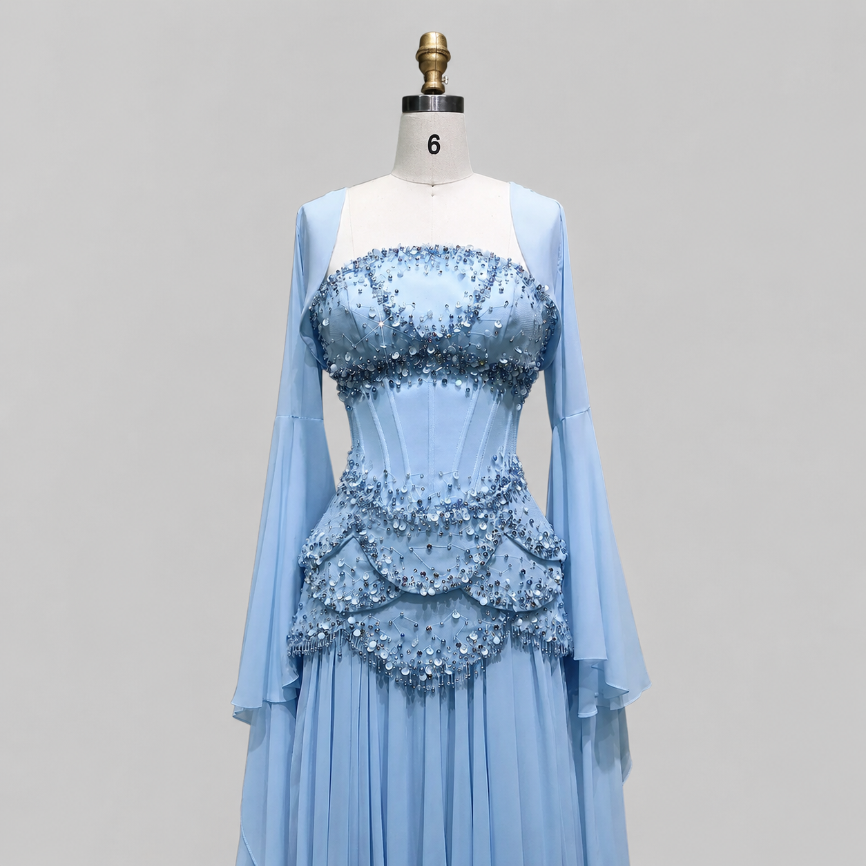Blue Strapless Beaded Corset Gown with Sheer Cape Sleeves SL188