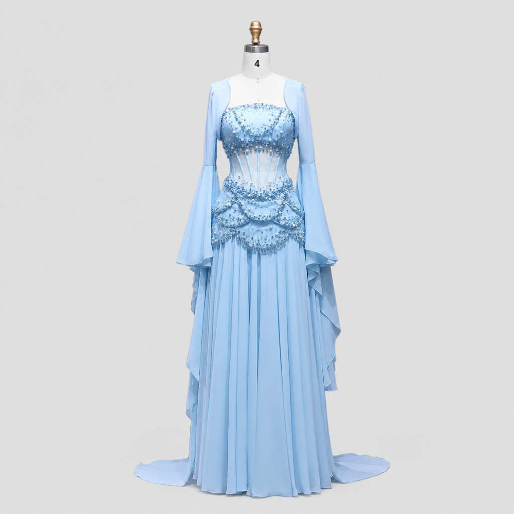 Blue Strapless Beaded Corset Gown with Sheer Cape Sleeves SL188