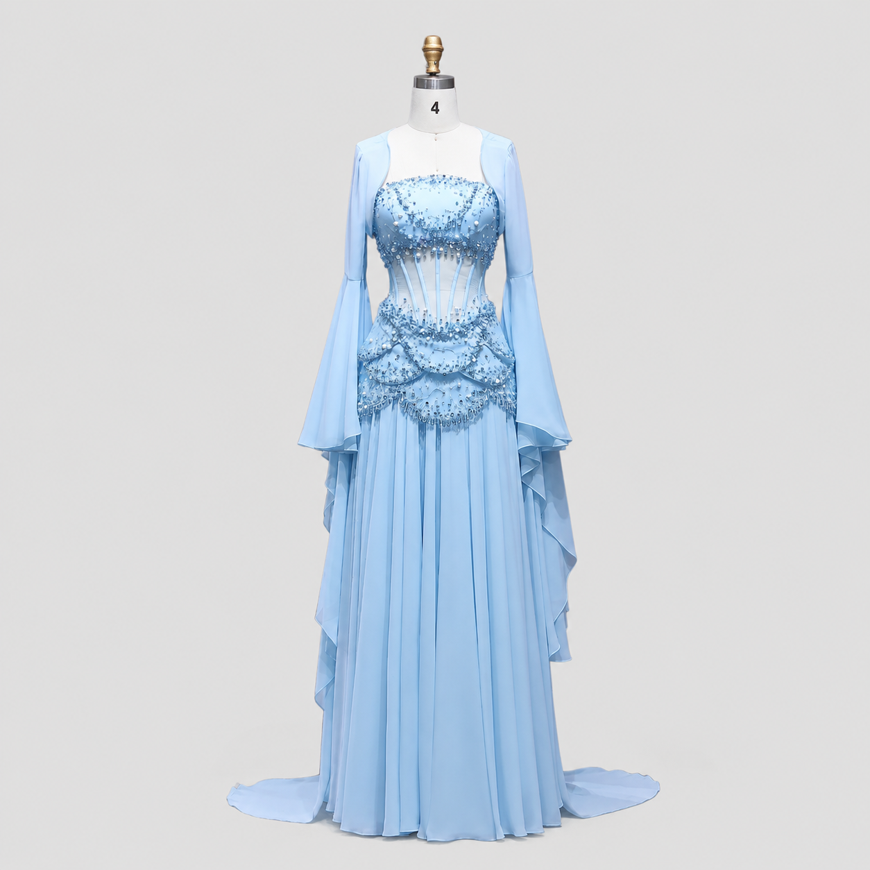 Blue Strapless Beaded Corset Gown with Sheer Cape Sleeves SL188