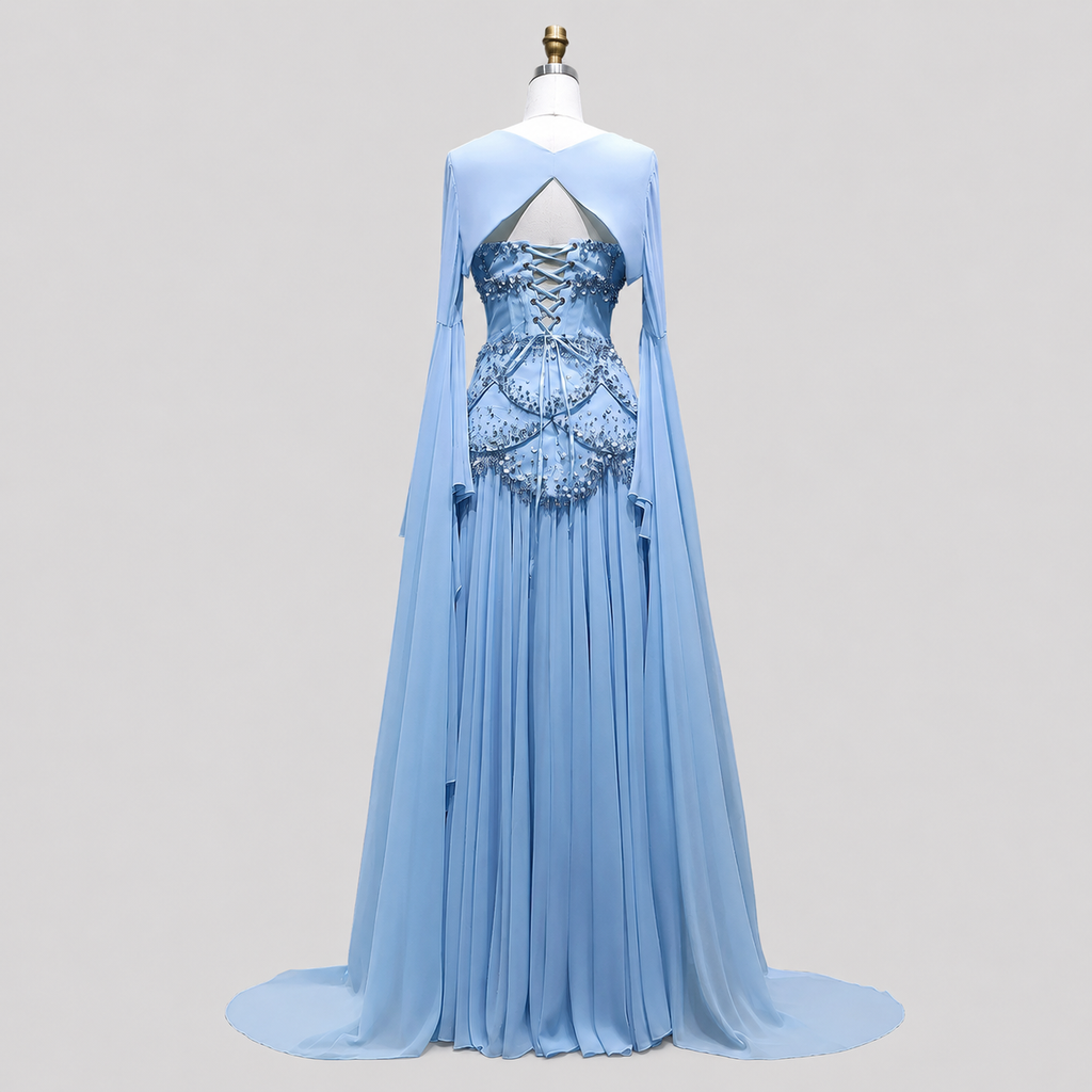 Blue Strapless Beaded Corset Gown with Sheer Cape Sleeves SL188