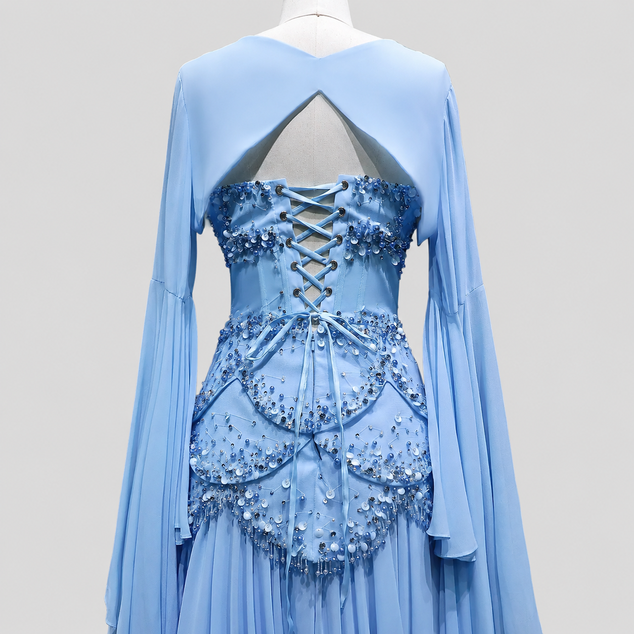Blue Strapless Beaded Corset Gown with Sheer Cape Sleeves SL188