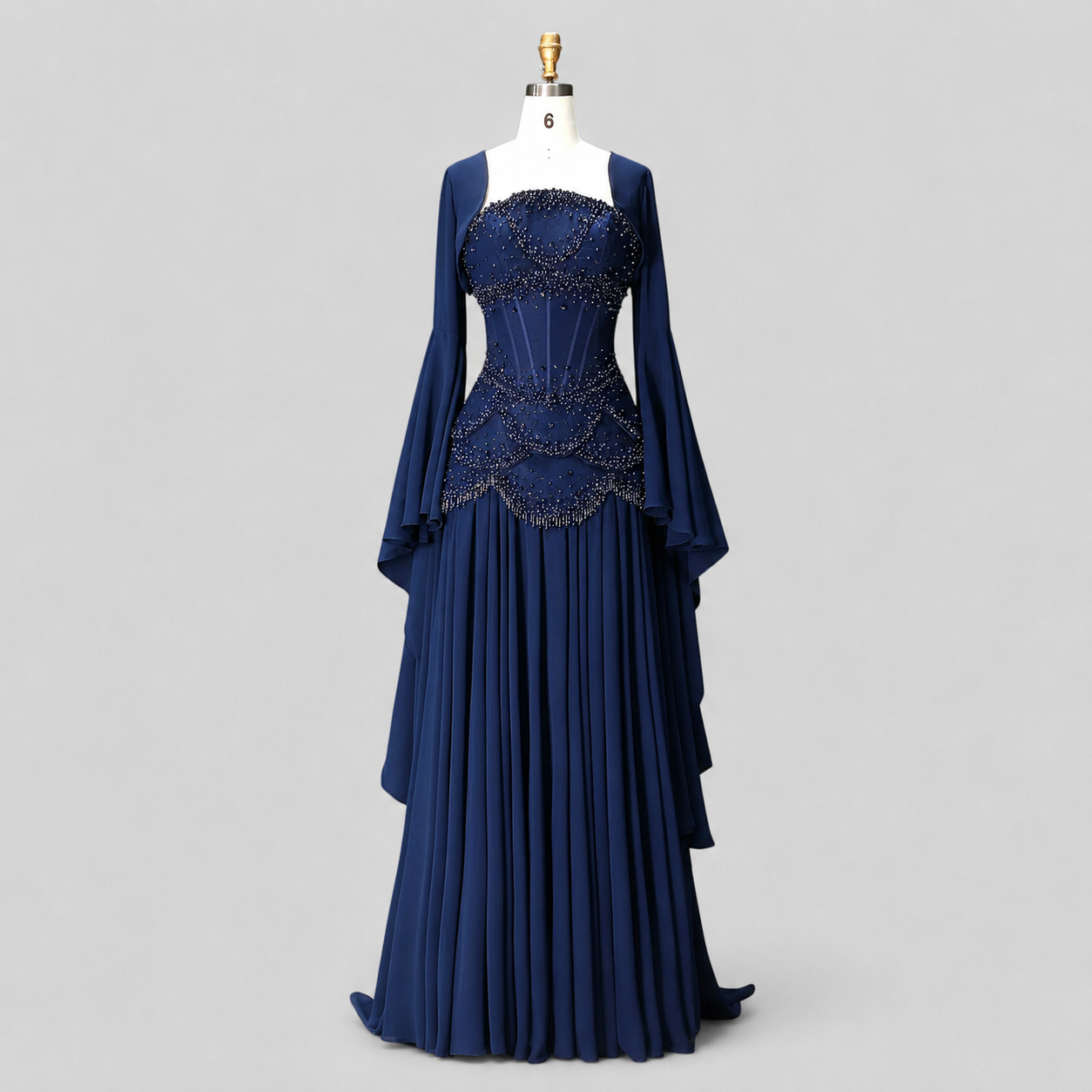Blue Strapless Beaded Corset Gown with Sheer Cape Sleeves SL188
