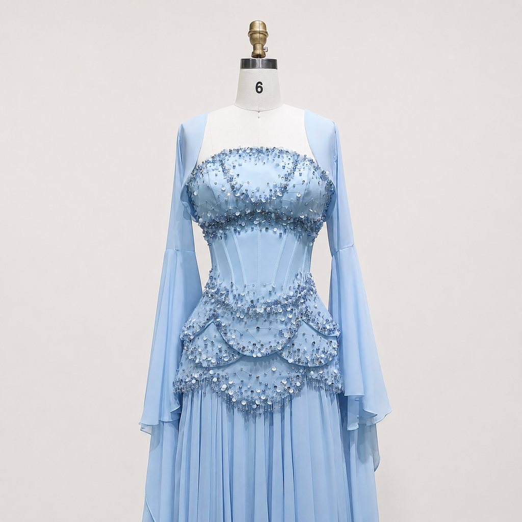 Blue Strapless Beaded Corset Gown with Sheer Cape Sleeves SL188