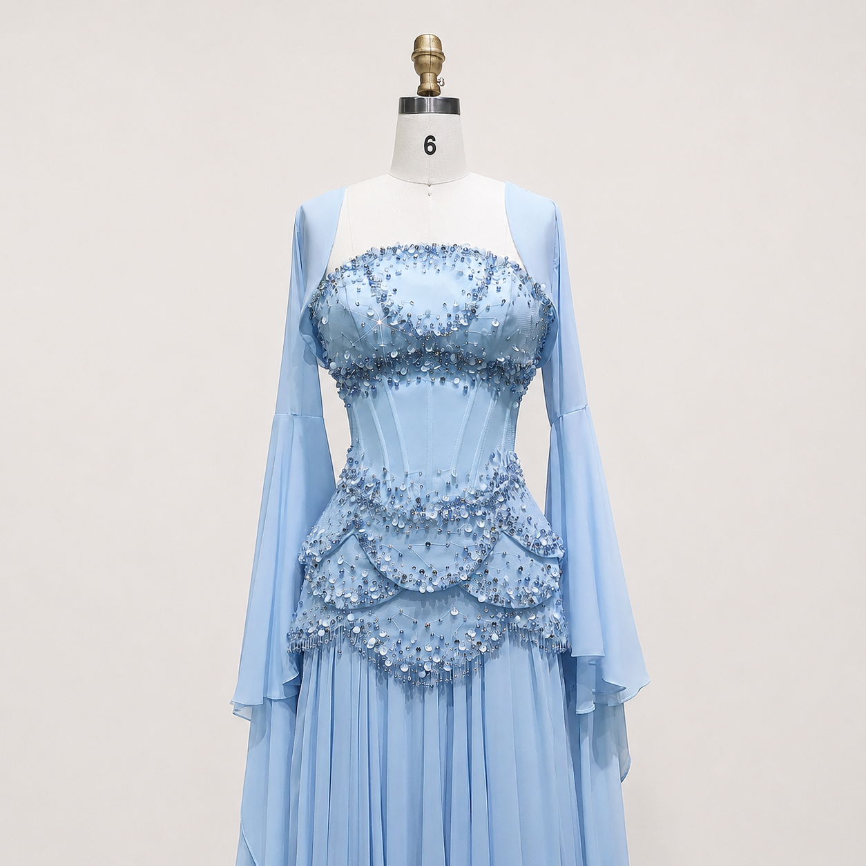 Blue Strapless Beaded Corset Gown with Sheer Cape Sleeves SL188
