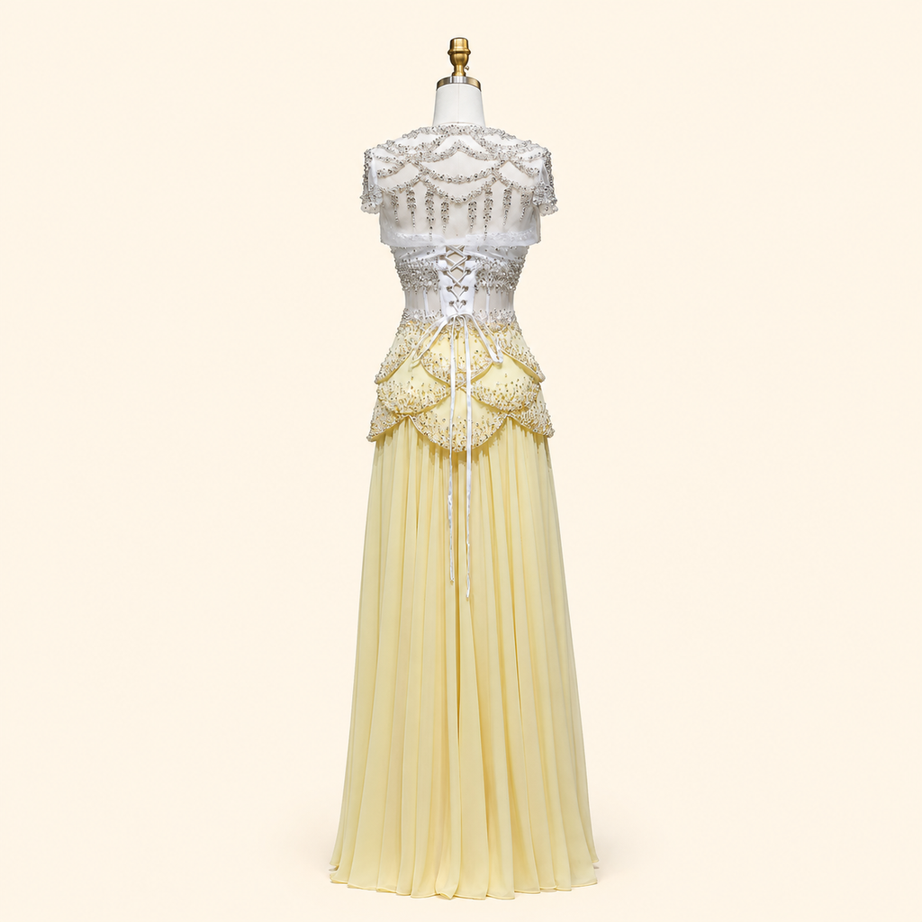 Blue Strapless Beaded Corset Gown with Sheer Cape Sleeves SL188