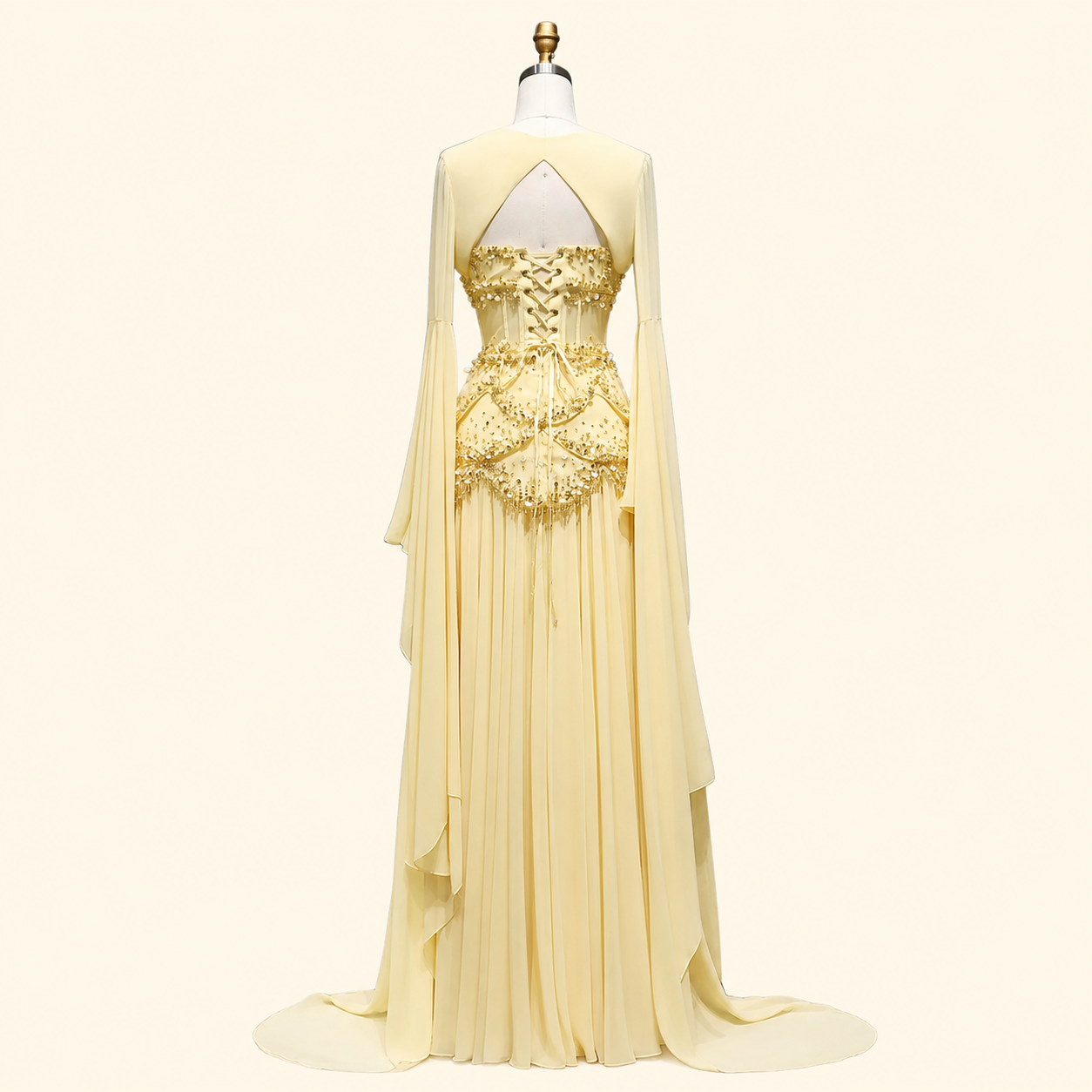 Blue Strapless Beaded Corset Gown with Sheer Cape Sleeves SL188