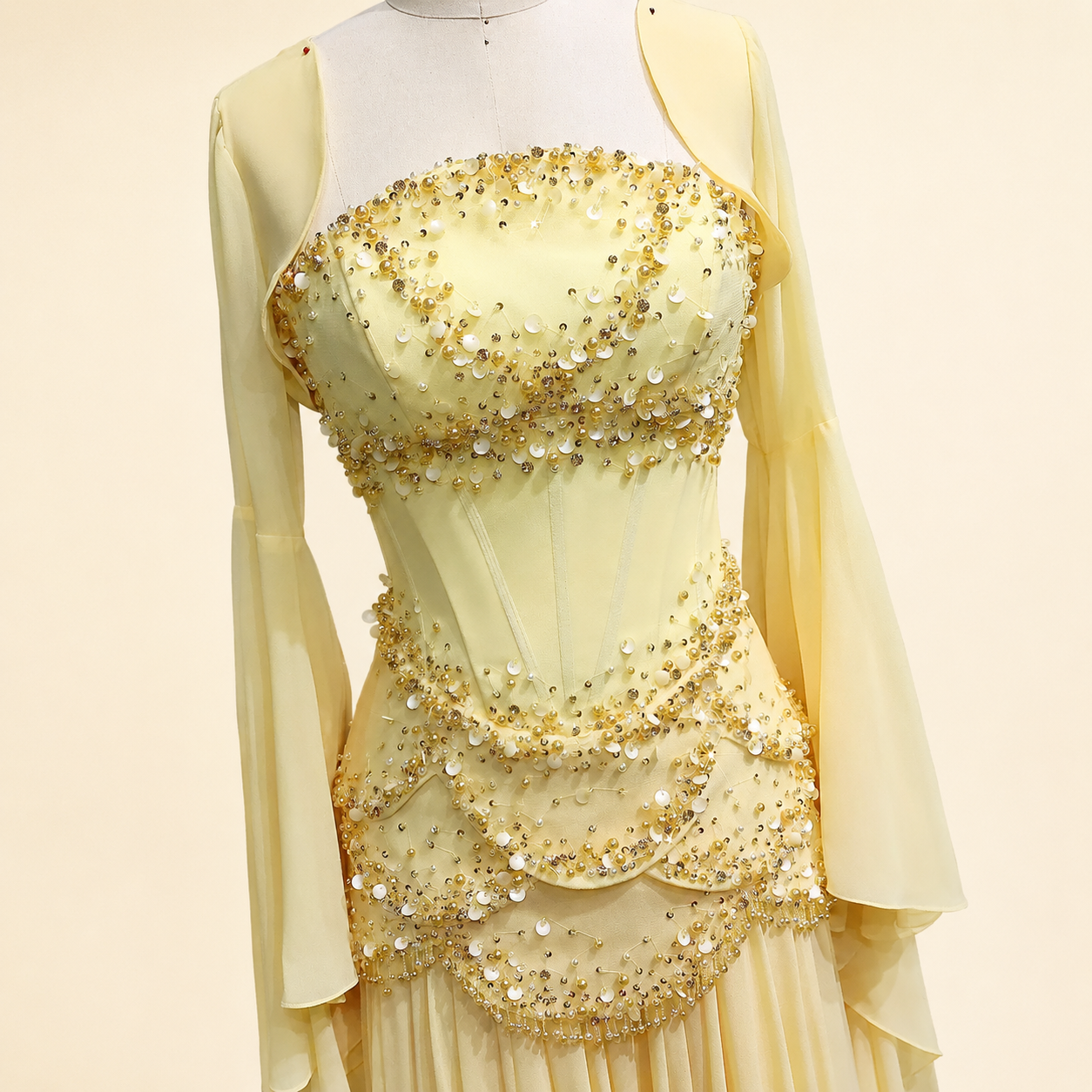 Blue Strapless Beaded Corset Gown with Sheer Cape Sleeves SL188