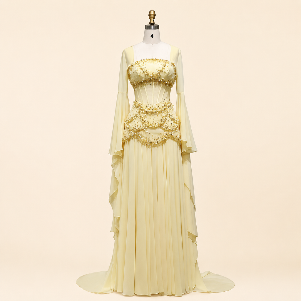 Blue Strapless Beaded Corset Gown with Sheer Cape Sleeves SL188