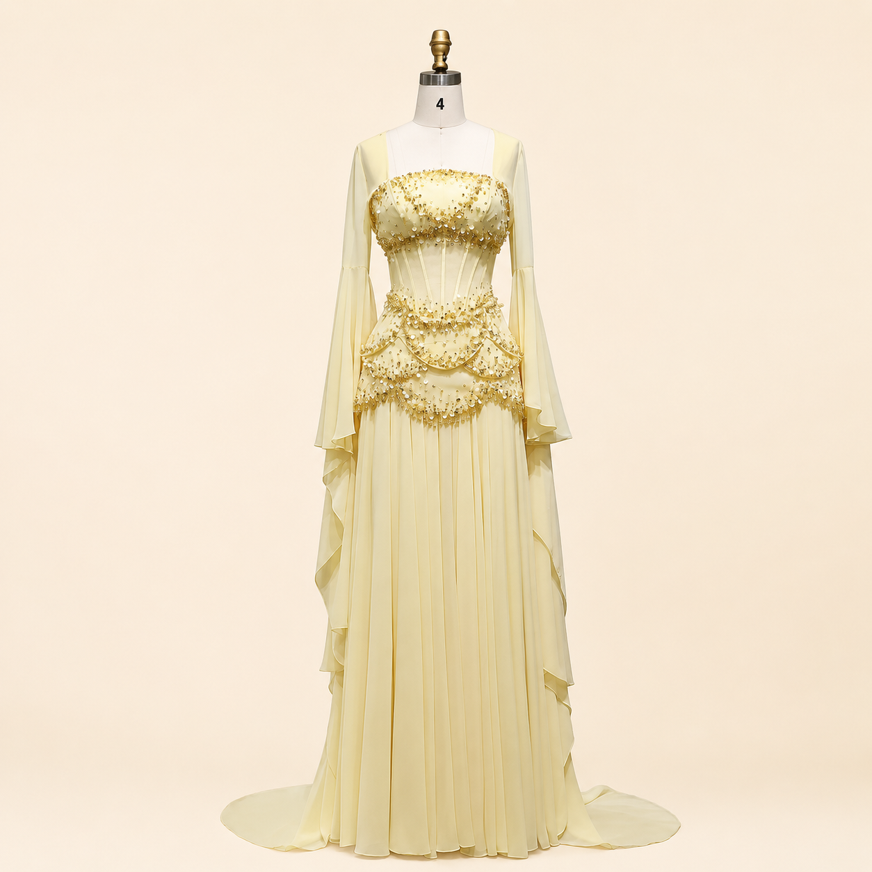 Blue Strapless Beaded Corset Gown with Sheer Cape Sleeves SL188