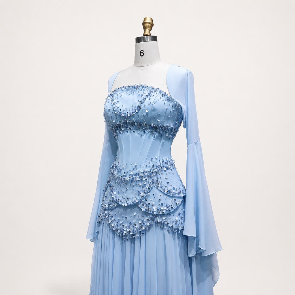 Blue Strapless Beaded Corset Gown with Sheer Cape Sleeves SL188