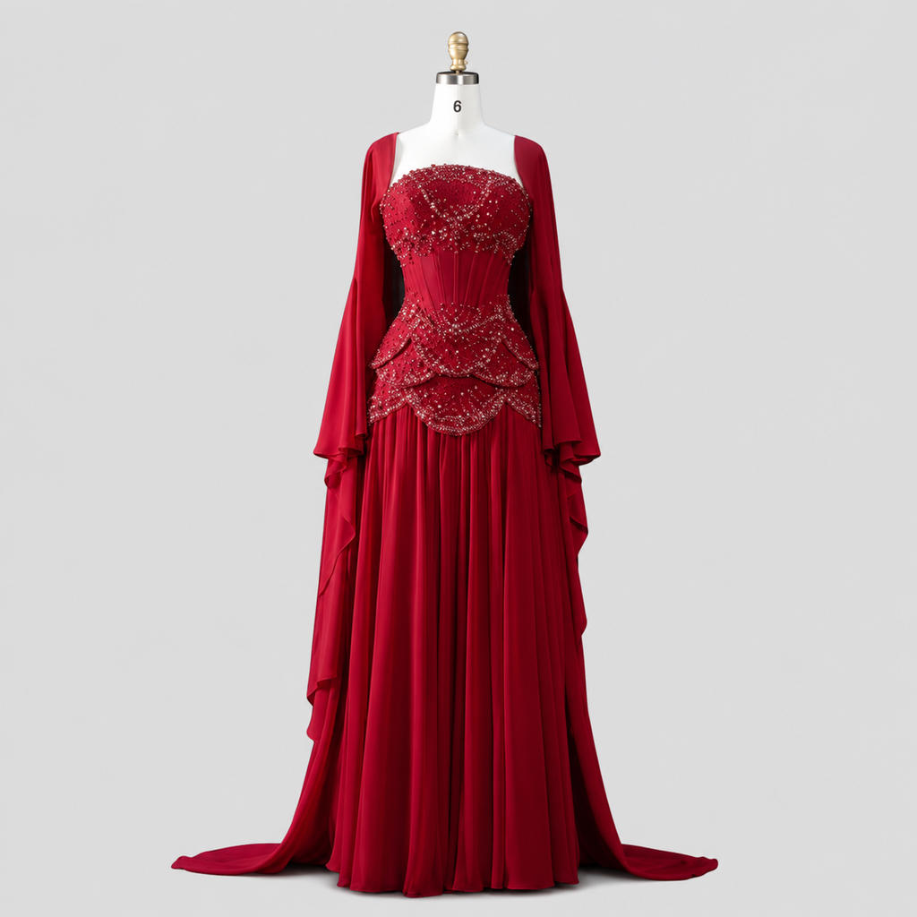 Blue Strapless Beaded Corset Gown with Sheer Cape Sleeves SL188