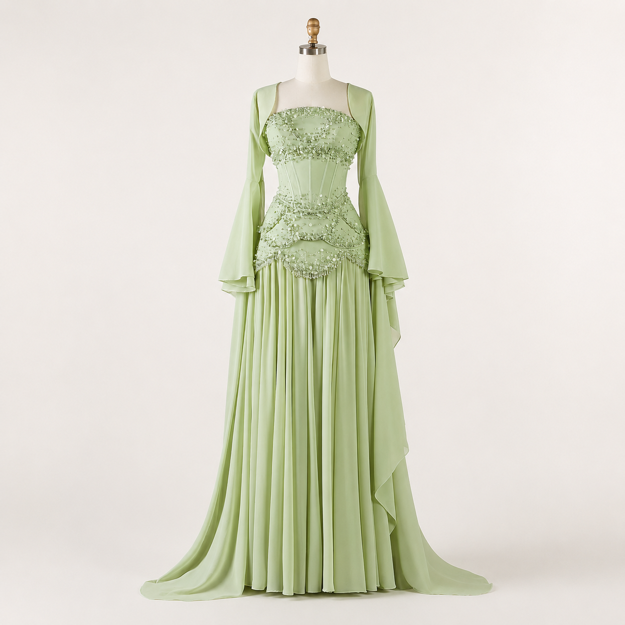 Blue Strapless Beaded Corset Gown with Sheer Cape Sleeves SL188