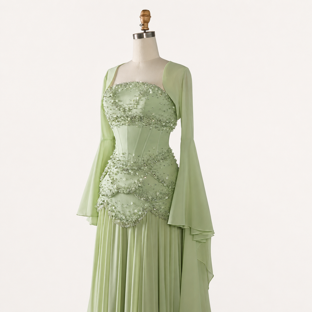 Blue Strapless Beaded Corset Gown with Sheer Cape Sleeves SL188
