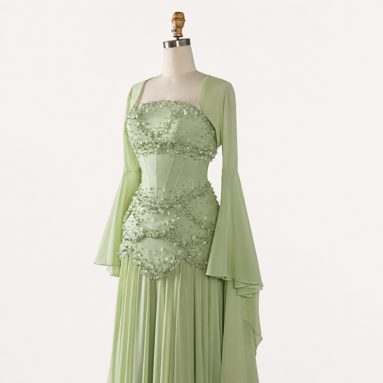 Blue Strapless Beaded Corset Gown with Sheer Cape Sleeves SL188