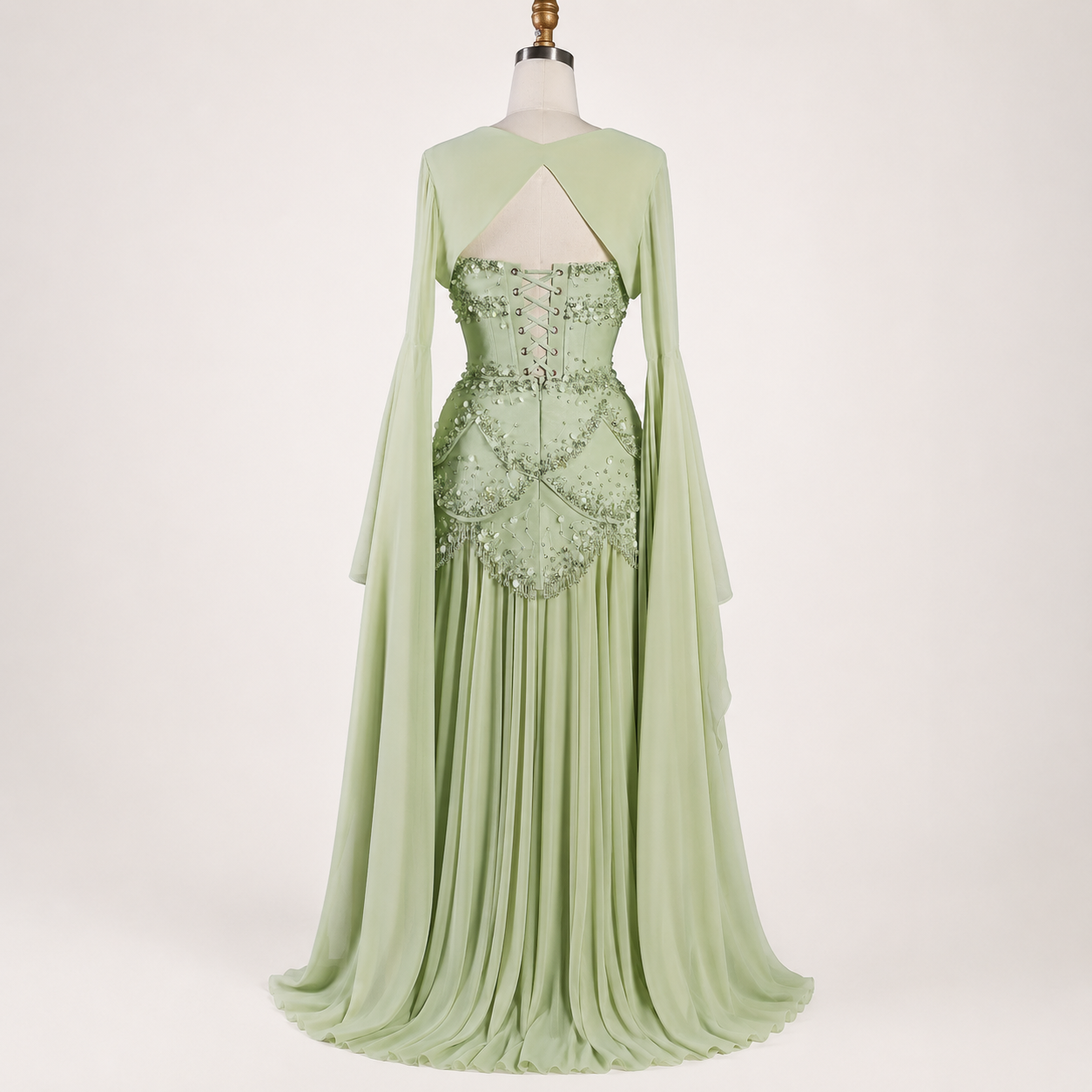 Blue Strapless Beaded Corset Gown with Sheer Cape Sleeves SL188