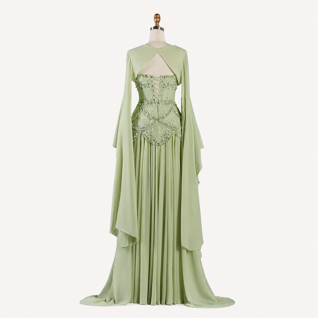 Blue Strapless Beaded Corset Gown with Sheer Cape Sleeves SL188