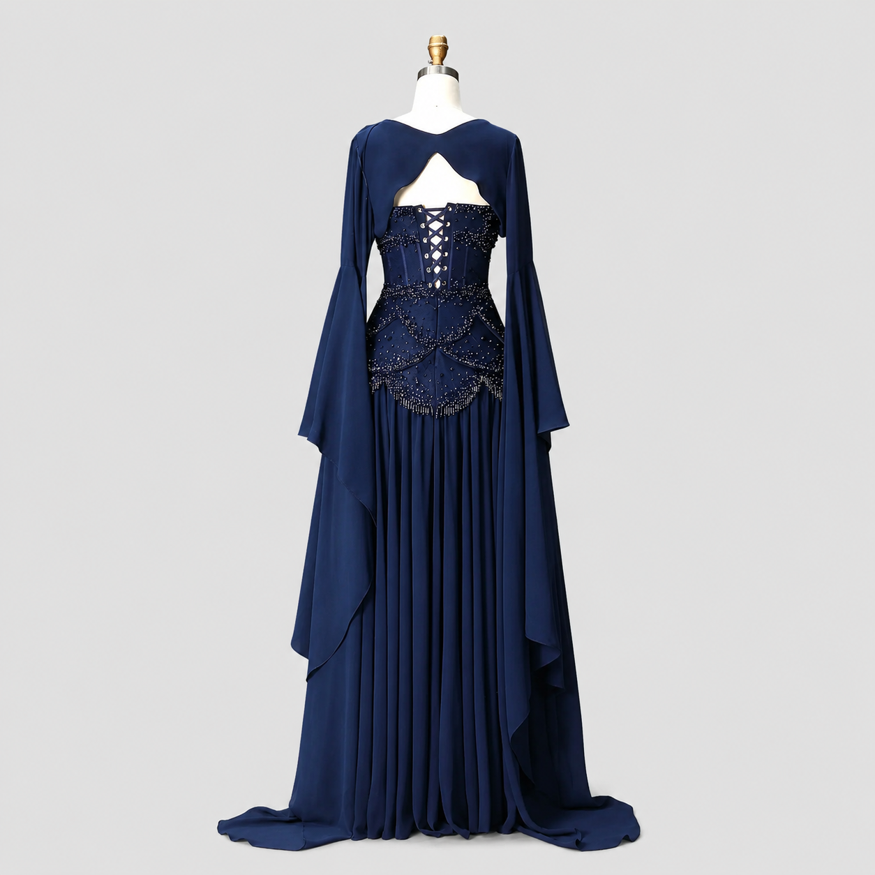 Blue Strapless Beaded Corset Gown with Sheer Cape Sleeves SL188