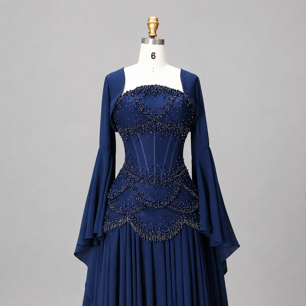 Blue Strapless Beaded Corset Gown with Sheer Cape Sleeves SL188