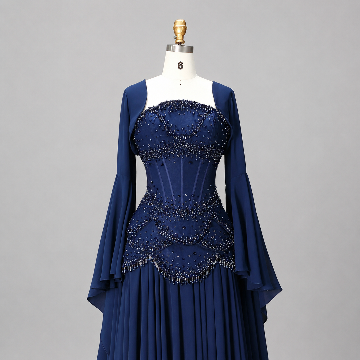 Blue Strapless Beaded Corset Gown with Sheer Cape Sleeves SL188