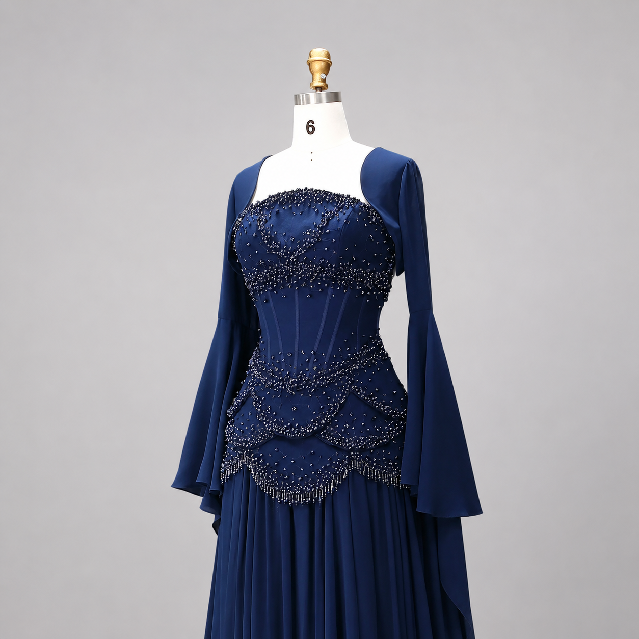Blue Strapless Beaded Corset Gown with Sheer Cape Sleeves SL188