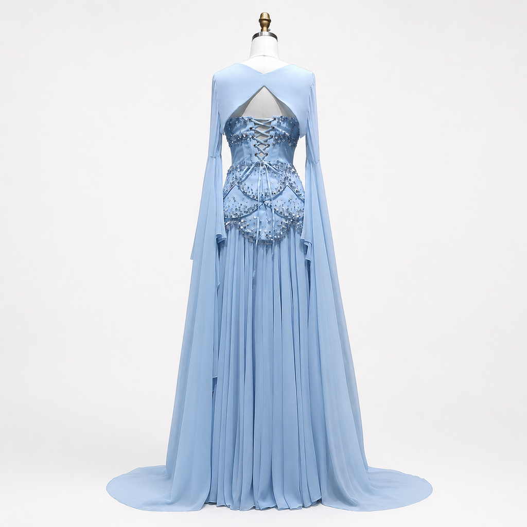 Blue Strapless Beaded Corset Gown with Sheer Cape Sleeves SL188