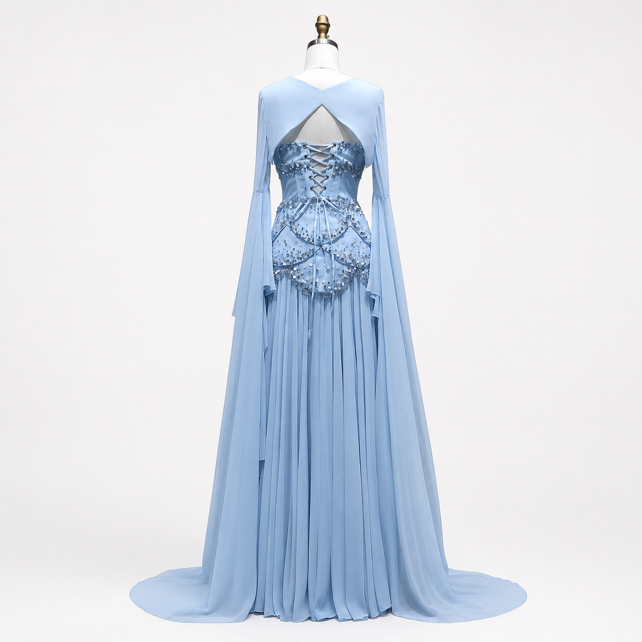 Blue Strapless Beaded Corset Gown with Sheer Cape Sleeves SL188