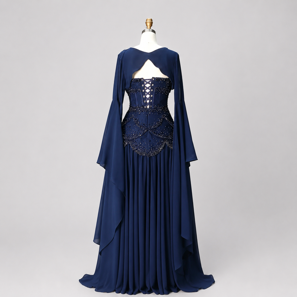 Blue Strapless Beaded Corset Gown with Sheer Cape Sleeves SL188