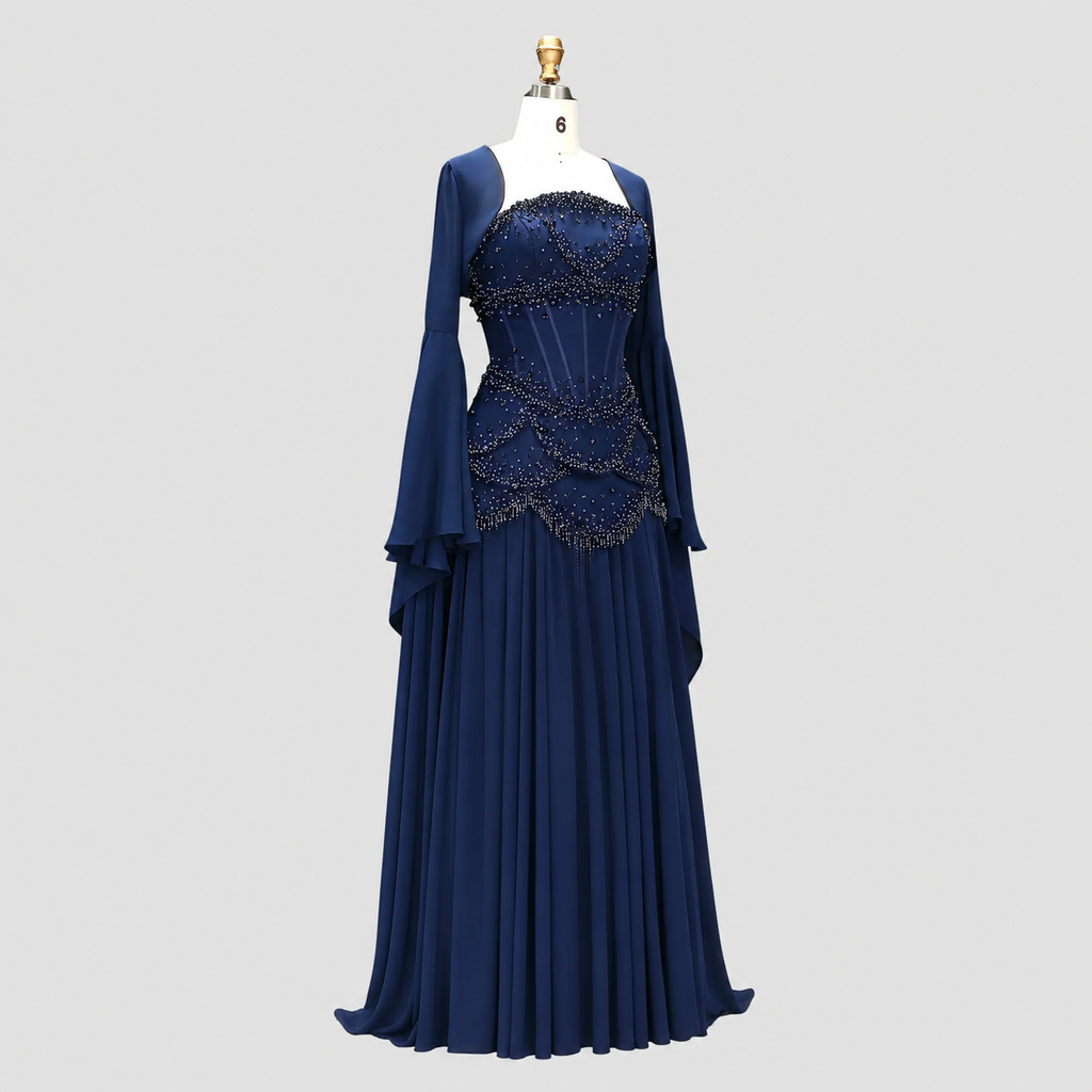 Blue Strapless Beaded Corset Gown with Sheer Cape Sleeves SL188