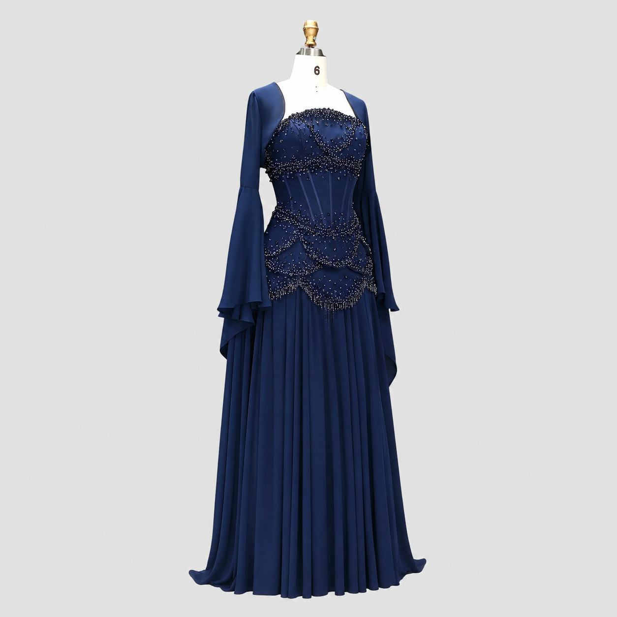 Blue Strapless Beaded Corset Gown with Sheer Cape Sleeves SL188