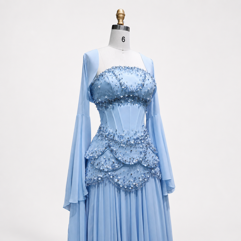 Blue Strapless Beaded Corset Gown with Sheer Cape Sleeves SL188