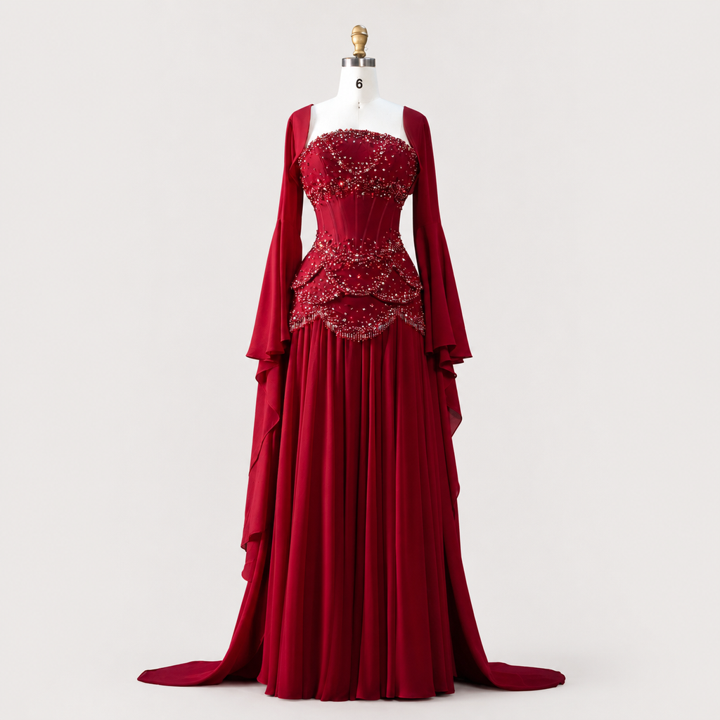 Blue Strapless Beaded Corset Gown with Sheer Cape Sleeves SL188