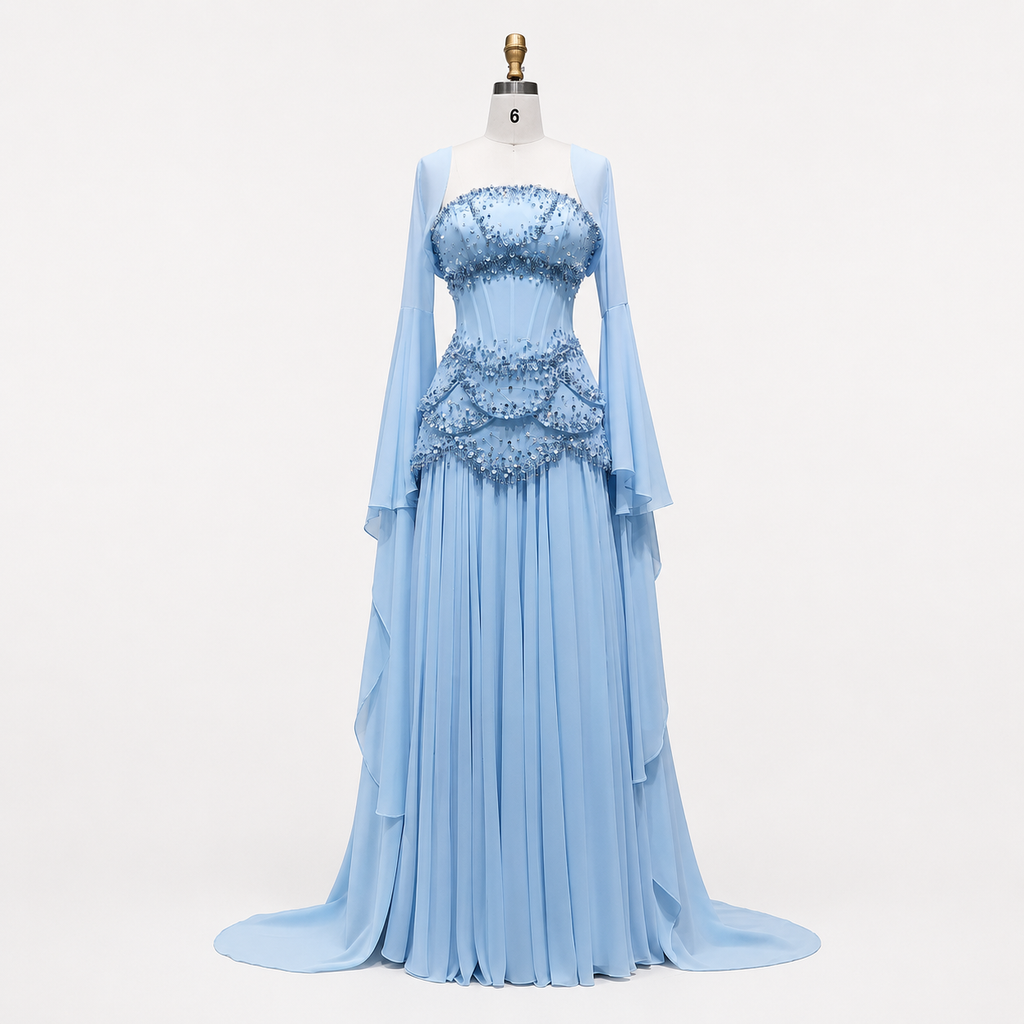 Blue Strapless Beaded Corset Gown with Sheer Cape Sleeves SL188