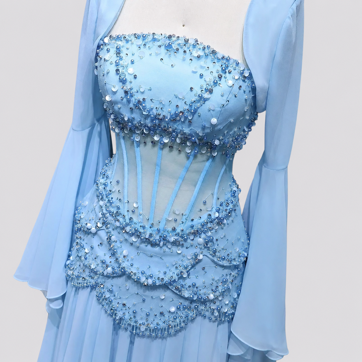 Blue Strapless Beaded Corset Gown with Sheer Cape Sleeves SL188