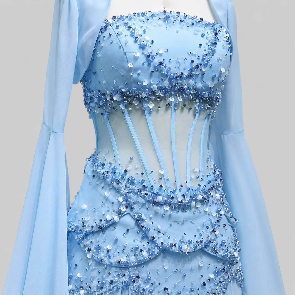 Blue Strapless Beaded Corset Gown with Sheer Cape Sleeves SL188